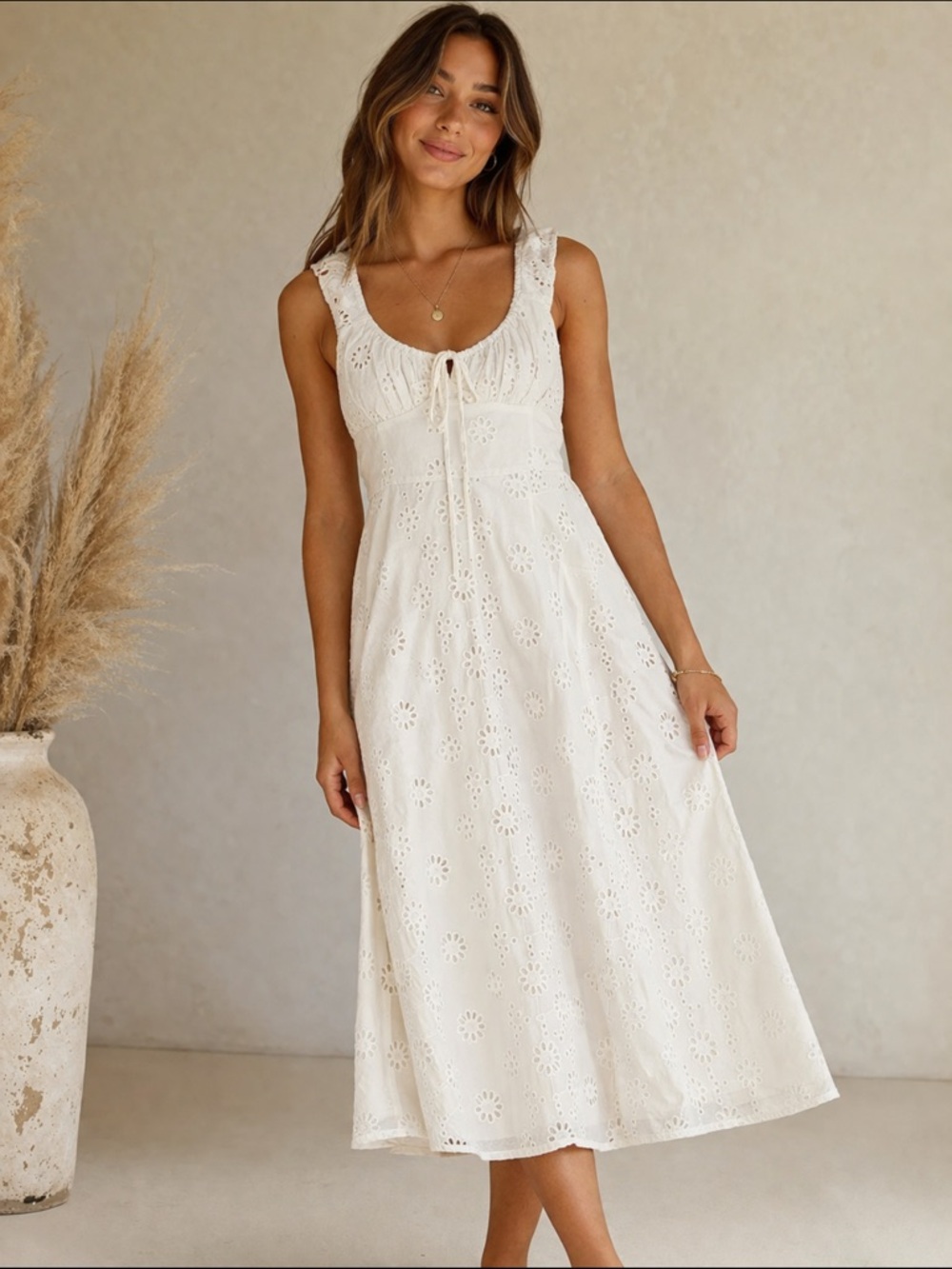 Wayf Cream Eyelet Tie-Front Midi Dress